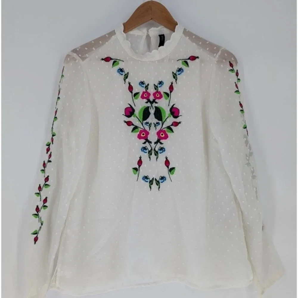Y.A.S Yasmolia White Swiss‎ Dot Floral Embroidered High Neck Blouse Top Size M